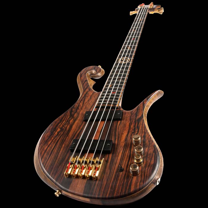 Scroll, fretboard inlays and ebony-covered neck pickup of the custom bass guitar