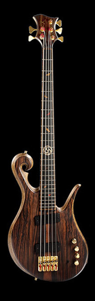 Xylem 5 string custom bass of black limba and macassar ebony with Bartolini pickups and Hipshot tuners and bridge