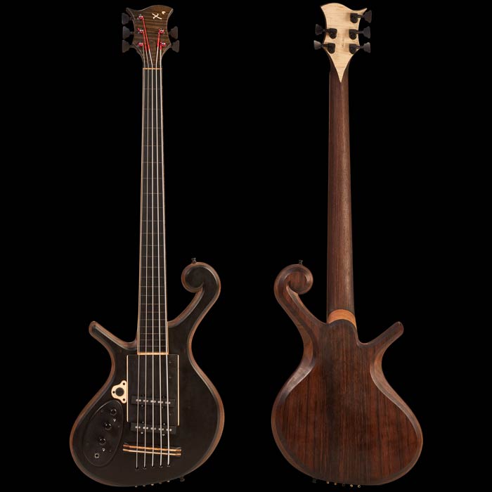 Fretless 5 string lefty custom bass made of ebony, black walnut and maple