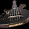 The bass guitar from the bottom showing the string retainer, bridge, radius ramps, pickups and preamp from a low angle