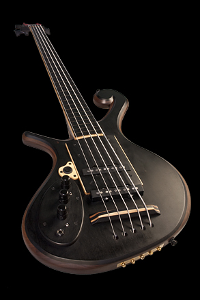 A Xylem left-handed custom bass guitar made of ebony, black walnut and maple