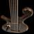 Wide angle of the lefty bass guitar showing the scroll, fretless fingerboard and maple fret markers