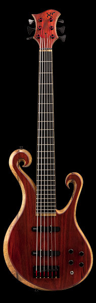 Xylem 6 string custom bass of black limba with a blood wood top and two scrolls.