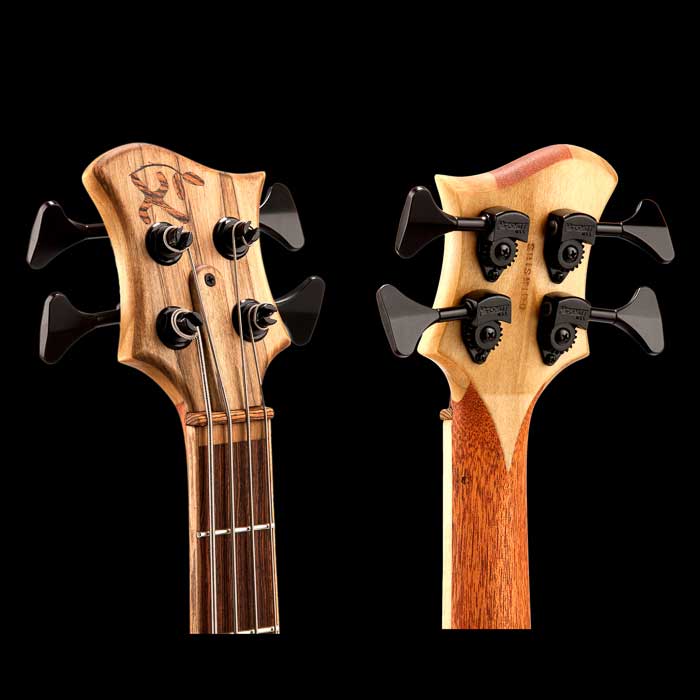 Mahogany neck, poplar core, and bocote neck shim on the back of a custom bass 