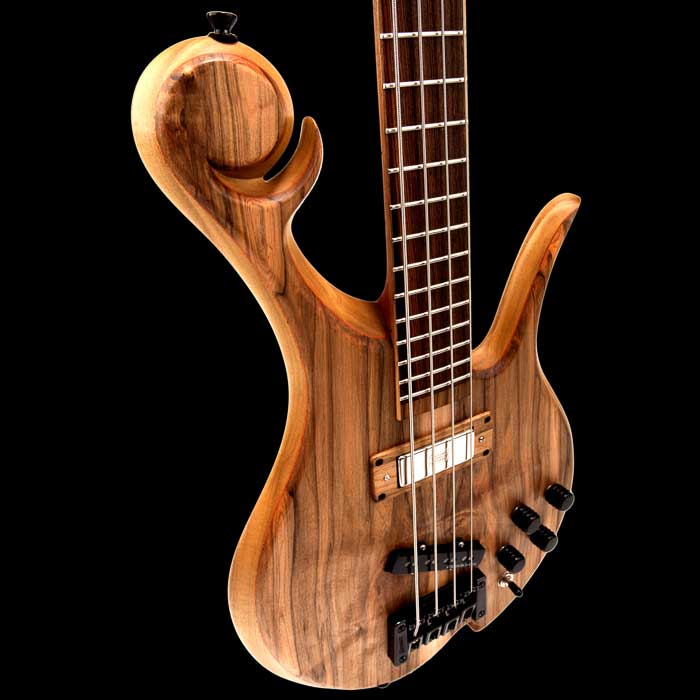 Four string Xylem bass headstock, front and back, with Hipshot tuners