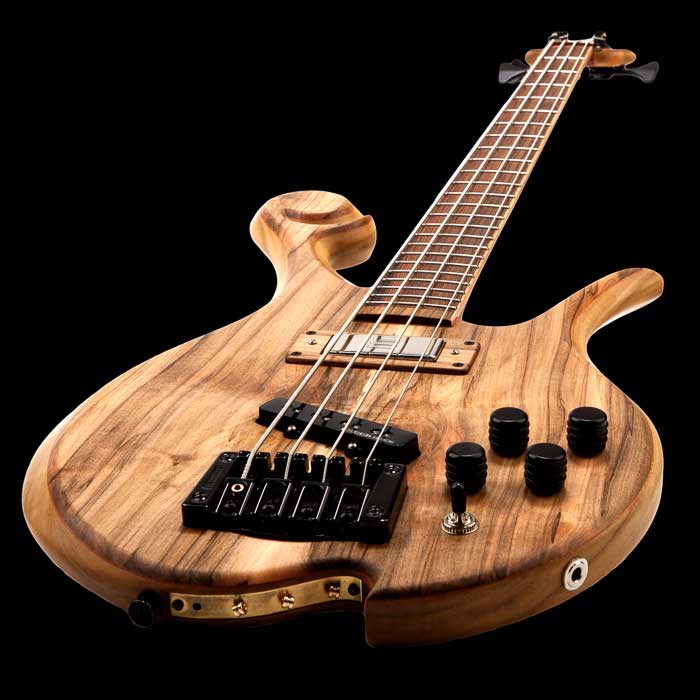 Front of a Xylem ball scroll on a custom 4 string bass