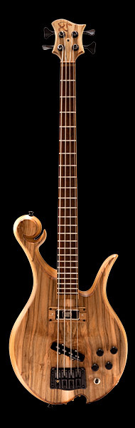 Four string Xylem custom bass with a Xylem ball scroll and spalted maple top