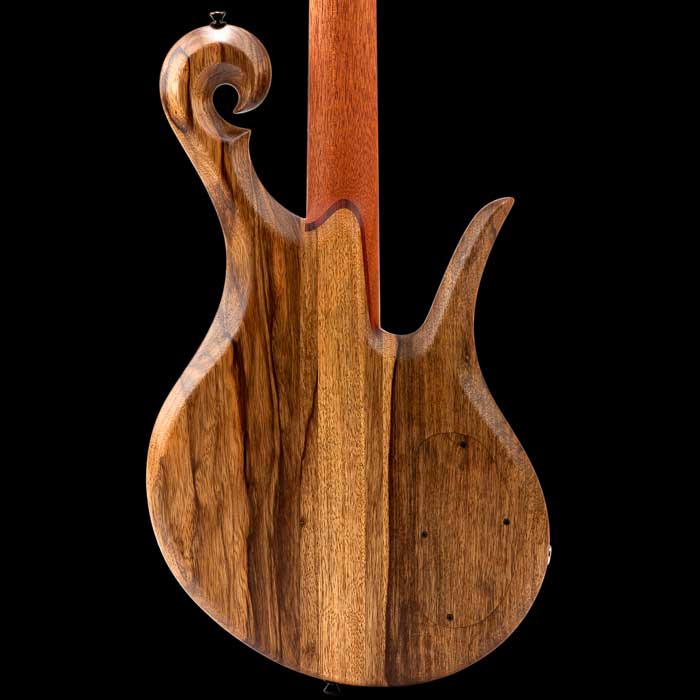 Black limba body of a lefty bass with Hipshot A-Style bridge and Nordstrand MM4.2 humbucker