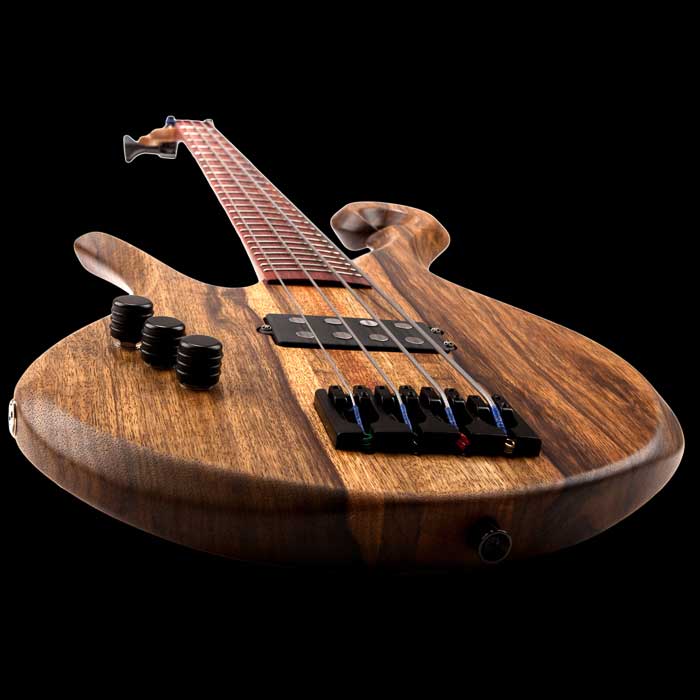 Carl Thompson style scroll and cocobolo fretboard on a lefty Xylem bass