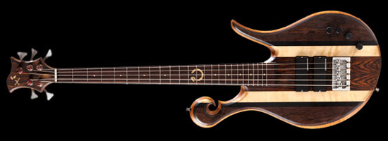 5 string Xylem bass with Uroboros fretboard inlay