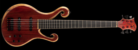 6 string Xylem bass with blood wood top and dual scrolls