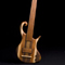 Full front of the custom 6 string fretless bass guitar including Gotoh tuners, EMG pickup and black walnut, maple, sapele and pau ferro woods.