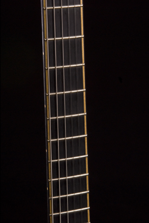 Ebony fretboard with rock maple stringers, ebony binding and maple fret markers