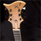 Wide angle of lacewood headstock, ebony fretboard and jatoba body