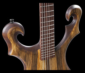 Metal style guitar with limba top and dual scrolls