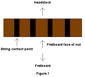 Top view of a bass guitar nut