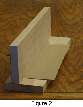 Two blocks of wood forming a 90 degree angle with sandpaper on the bottom to serve as a sanding jig for lowering a nut