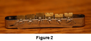 Intonation adjustment screws on a guitar bridge