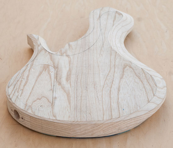 Bottom of a custom bass body after carving
