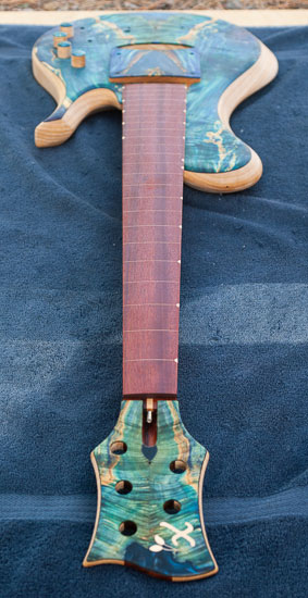 Fretless custom bass with blue topwood and bloodwood fingerboard