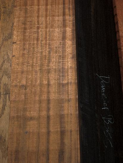 Tigerwood neck blank and ebony fingerboard blank for a fretless bass