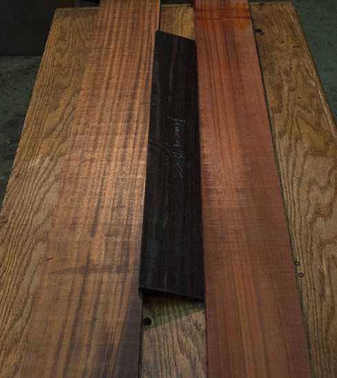 Ebony fingerboard blank, padauk and tigerwood neck blanks