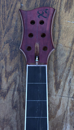 Carved bloodwood headstock of a 6-string fretless bass guitar