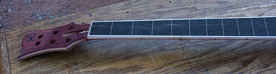 Ebony fingerboard on a fretless 6-string bass guitar