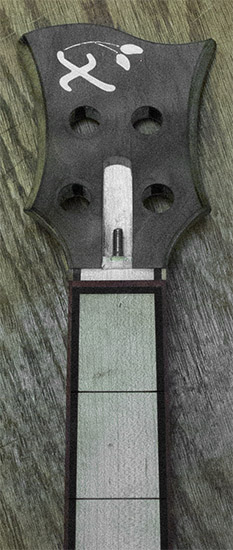 Custom bass headstock with maple fretboard, ebony stringers, blodwood accents