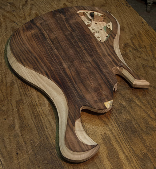Custom 8 string bass guitar with body bevels, back