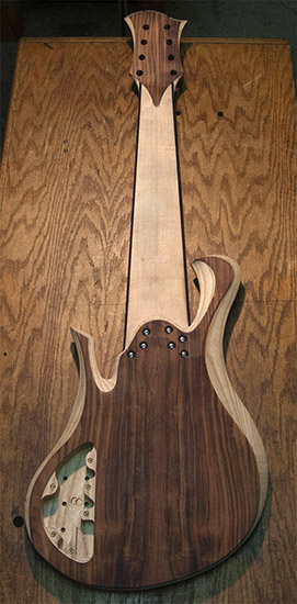 8-string custom bass with bolt-on neck, swamp ash body, back