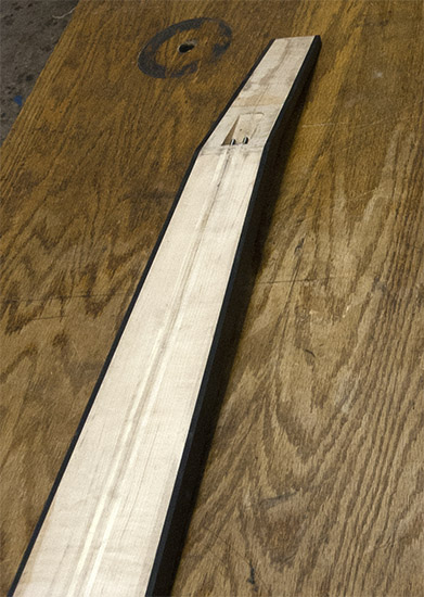 8-string bass neck blank with ebony stringers, 3/4 view