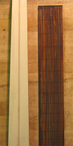 Rock maple neck blank with truss rod spline and slotted cocobolo fingerboard of the custom bass guitar