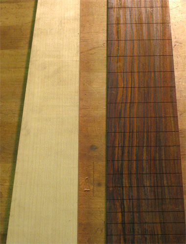 Back of the rock maple neck blank with slotted cocobolo fingerboard
