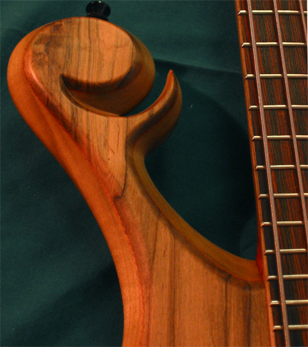 Xylem scroll on a custom spalted maple bass