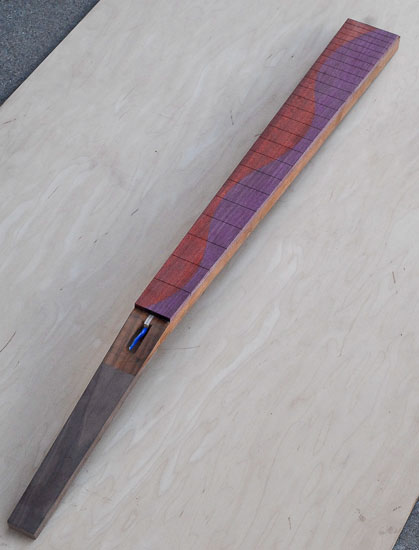 Custom bass neck blank with "melted fretboard" made of purpleheart and bloodwood