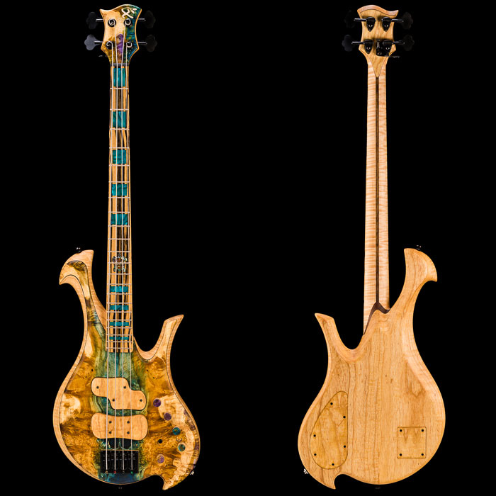 Four-string bass with stabilized buckeye burl top