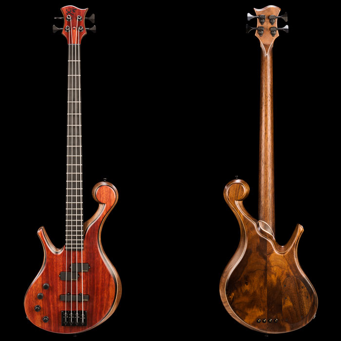Lefty bloodwood/walnut bass with EMG pickups in P/J positions