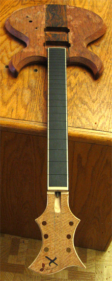Full view of the custom guitar before fretting and finishing