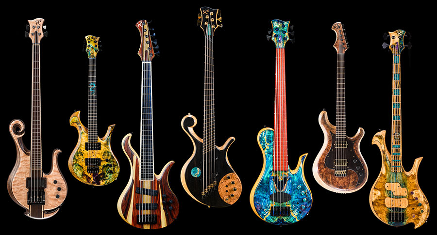 Several custom basses and guitars, multiscale, exotic and traditional
