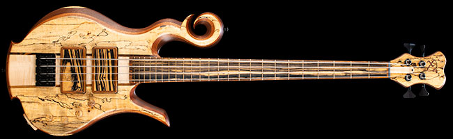 Reverse-scroll custom bass with black and white ebony pickup covers