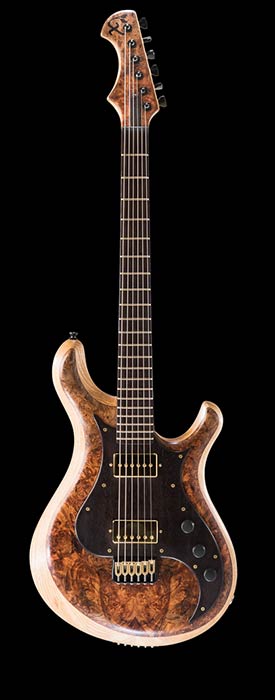 Baritone guitar with maple burl top, string-thru body design