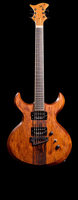 Xylem custom guitar of Brazilian cherry (jatoba) with an ebony fretboard, Seymour Duncan pickups and a Hipshot Baby Grand bridge