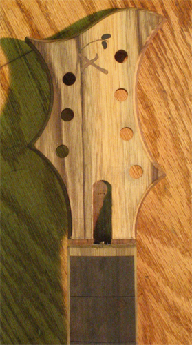 Front of the seven string guitar's headstock with black limba veneer and Xylem logo