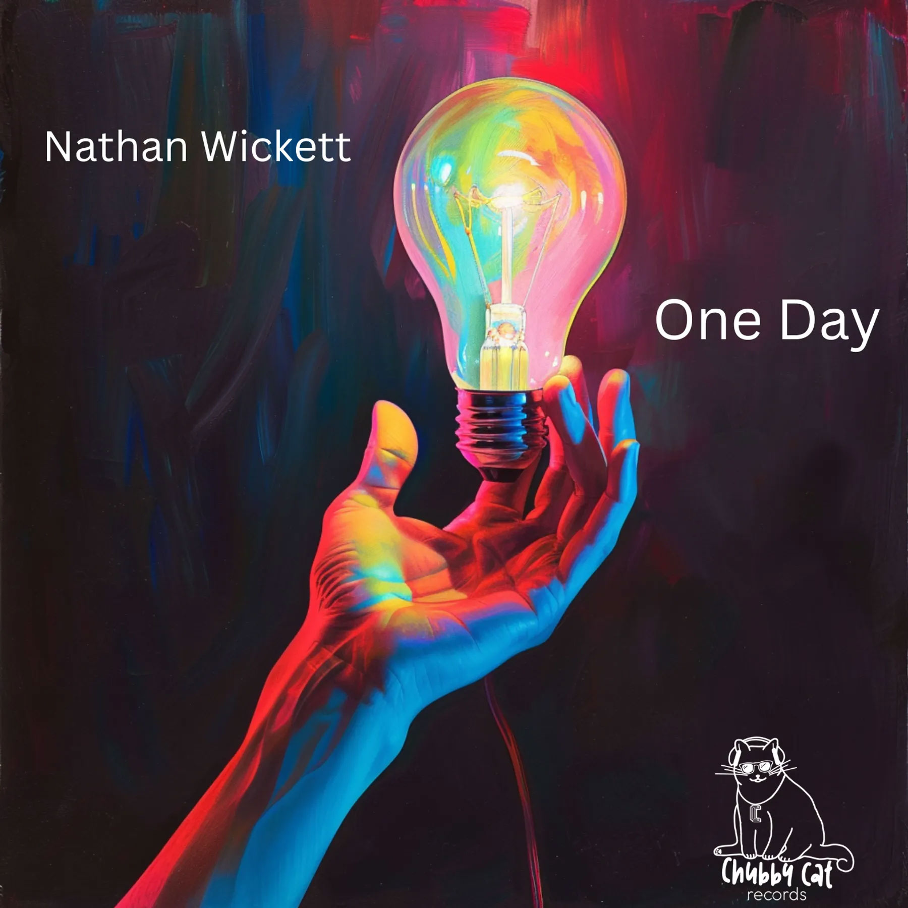 A lightbulb held in a hand with rainbow background, cover of Nathan Wickett's single One Day